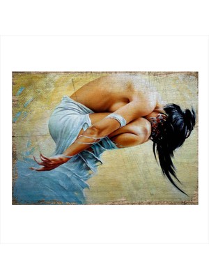 Bedeko Çömelmiş Kadın Model Ahşap Tablo 35 cm x 50 cm