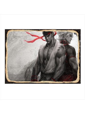 Bedeko Ken ve Ryu Desenli Ahşap Tablo 35 cm x 50 cm