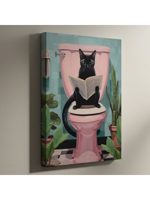 Tuvalette Gazete Okuyan Siyah Kedi Tablosu