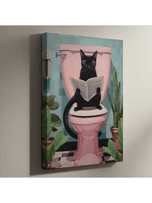 Tuvalette Gazete Okuyan Kedi Illüstrasyon Tablosu