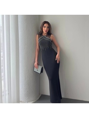 Kadın Omuz Çoklu Askılı Önü Taş Işlemeli Balık Kesim Janjan Krep Maxi Boy Elbise