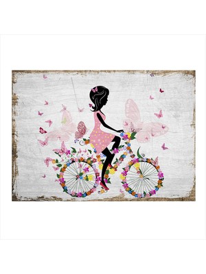 Bedeko Bisikletli Kız Model Ahşap Tablo 35 cm x 50 cm
