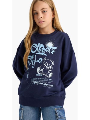 DeFacto Kız Çocuk Oversize Geniş Kalıp Bisiklet Yaka Baskılı Sweatshirt E6755A825AU