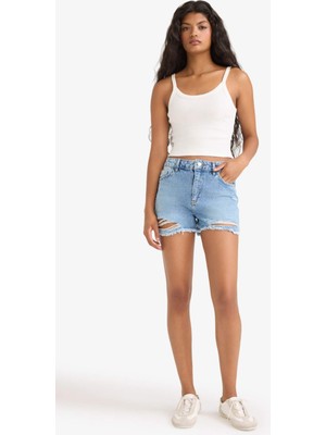 DeFacto %100 Pamuk Yüksek Bel Paça Ucu Kesik Jean Şort E0504AX25AU
