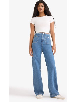 DeFacto Kadın Wide Leg Yüksek Bel Düz Paça Uzun Jean Pantolon Denim Kumaş Mavi-NM28
