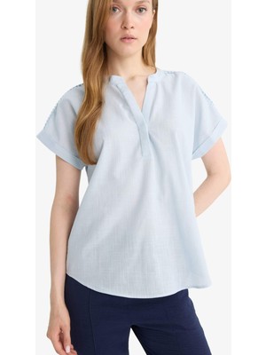 DeFacto %100 Pamuk Regular Fit Flamlı Kısa Kollu Bluz F1635AX25AU