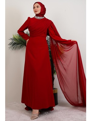 Yakası Taşlı Elbise Bordo
