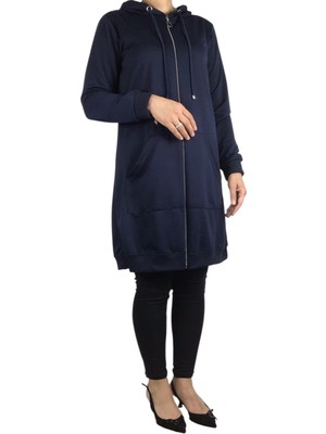 Kadın Kapşonlu Önü Fermuarlı Kanguru Cepli Kristal Kumaş Ceket