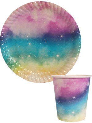 Parti Adresi Gökkuşağı Temalı Tabak Bardak Set Renkli Parti Karton Tabak Bardak 