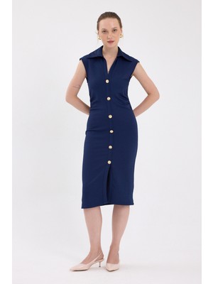 Laci Yanları Büzgülü Kolsuz Gömlek Midi Elbise 8117A