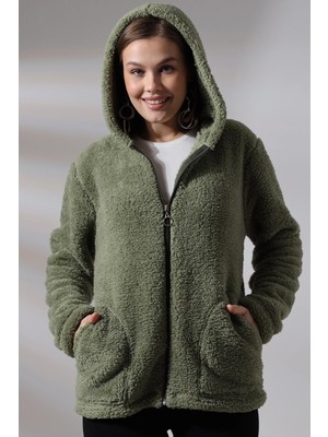 Kadın Haki Welsoft Esnek Kumaş Peluş Yumoş Önü Fermuarlı Kapüşonlu Ceket HZL23W-DSB110081