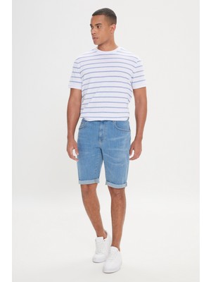 Altınyıldız Classics Erkek Mavi Slim Fit Dar Kesim Pamuklu Esnek Denim Şort