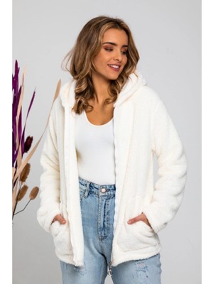 Kadın Ekru Welsoft Esnek Kumaş Peluş Yumoş Önü Fermuarlı Kapüşonlu Ceket HZL23W-DSB110081