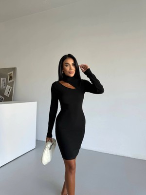 Kadın Siyah Boğazlı Uzun Kollu Ottoman Kumaş Elbise HZL25S-FRY123331