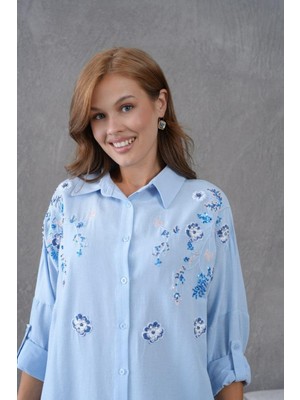 Kadın Uzun Nakış Işlemeli Keten Oversize Düğmeli Gömlek