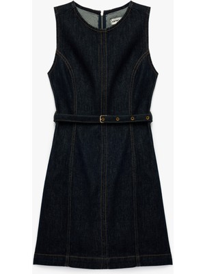 Pamuklu Kolsuz Bisiklet Yaka Kemer Detaylı Mini Denim Elbise