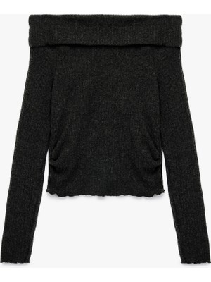 Viskon Karışımlı Kaşkorse Omzu Açık Slim Fit Uzun Kollu Tişört