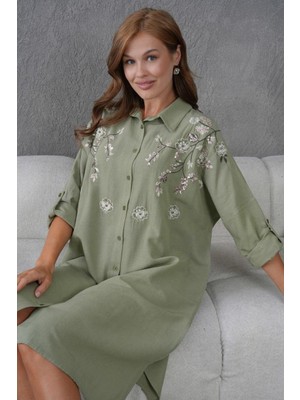 Kadın Uzun Nakış Işlemeli Keten Oversize Düğmeli Gömlek