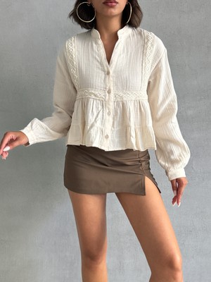 Kadın Dantel Detaylı Müslin Gömlek