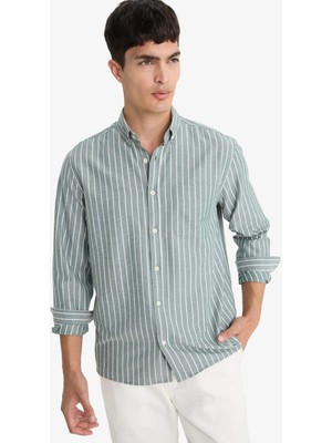 DeFacto Regular Fit Polo Yaka Dokuma Uzun Kollu Çizgili Gömlek E7840AX25AU