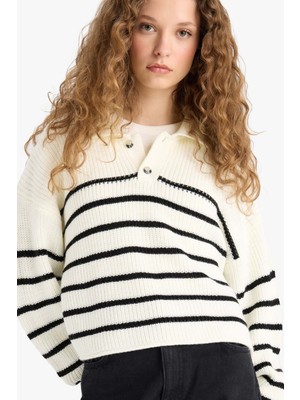 DeFacto Relax Fit Polo Yaka Düğmeli Çizgili Triko Kazak C4918AX25WN