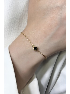 14 Ayar Altın Ataç Zincir Siyah Taşlı Yonca Bileklik