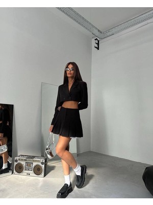 Pileli Etek Crop Ikili Takım 4004 - Siyah