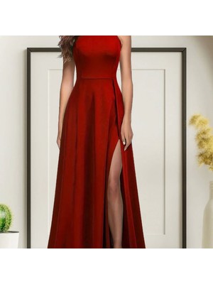 Kadınhalter Yaka Derin Yırtmaç Detaylı Tam Boy Ithal Krep Abiye Elbise