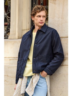 Erkek Süet Kapitoneli Mont Ceket Lacivert