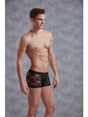 Doreanse Erkek Siyah Dantelli Çiçek Desenli Mini Paça Transparan Boxer 1952