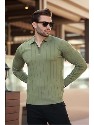 Erkek Slim Fit Polo Yaka Fermuarlı Fitilli Triko Kazak - 4001