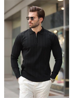 Erkek Slim Fit Polo Yaka Fermuarlı Fitilli Triko Kazak - 4001