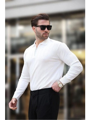 Erkek Slim Fit Polo Yaka Fermuarlı Fitilli Triko Kazak - 4001