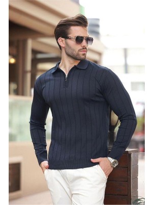 Erkek Slim Fit Polo Yaka Fermuarlı Fitilli Triko Kazak - 4001