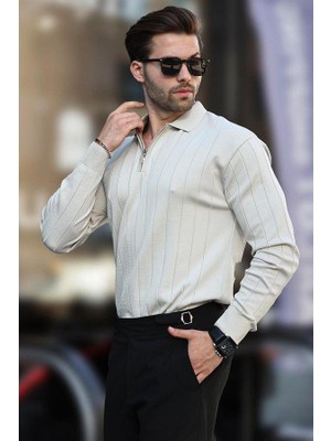 Erkek Slim Fit Polo Yaka Fermuarlı Fitilli Triko Kazak - 4001