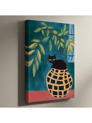 Siyah Kedi ve Bitki Desenli Saksı Tablosu