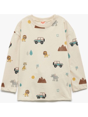 Koton Baskılı Uzun Kollu Oversize Pamuklu Tişört Erkek Çocuk Günlük Stil 3 - 4 Yaş Ekru