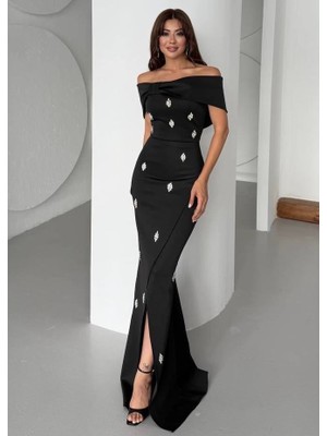 Nepali Taş Detaylı Abiye Elbise Siyah