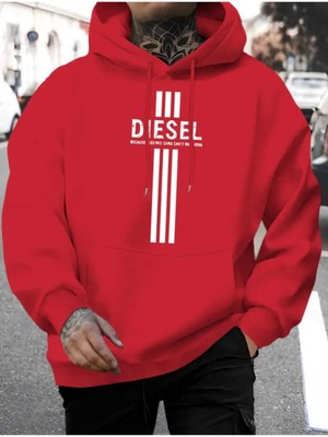 Üç Çizgi Baskılı Kapüşonlu Cepli Içi Yünlü Kırmızı Sweatshirt