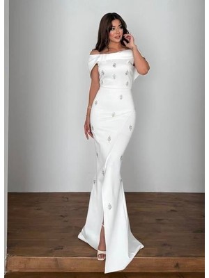 Nepali Taş Detaylı Abiye Elbise Beyaz