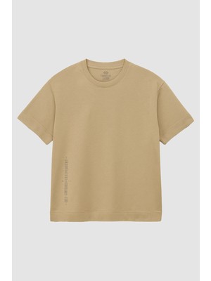 Tommy Life Bej Baskılı O Yaka Rahat Form Battal Büyük Beden Erkek T-Shirt - 88472