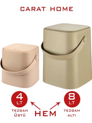 Avantajlı 2'li Set Click Kapaklı Tutma Saplı Iç Kovalı Tezgah Üst Mutfak Çöp Kovası - Latte