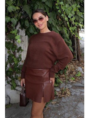 Kahverengi Bisiklet Yaka Kadın Triko Kazak MG2494