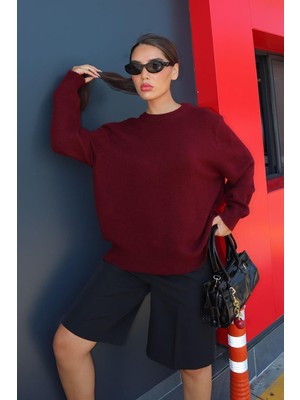 Bordo Bisiklet Yaka Kadın Triko Kazak MG2494
