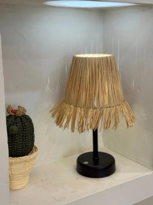 Rafya Saçaklı Şarjlı Masa Lambası -Alt Uzun Siyah