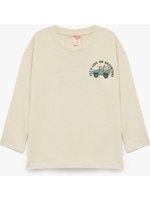 Koton Uzun Kollu Oversize Pamuklu Tişört Erkek Çocuk İçin Ekru Renkli Günlük Stil Baskılı