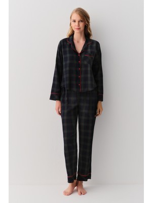 Suwen College Kadın Gömlek Yaka Pijama Takımı Yeşil Ekose Dokuma ile Rahat Uyku Keyfi