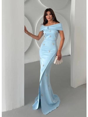 Nepali Taş Detaylı Abiye Elbise Bebe Mavi