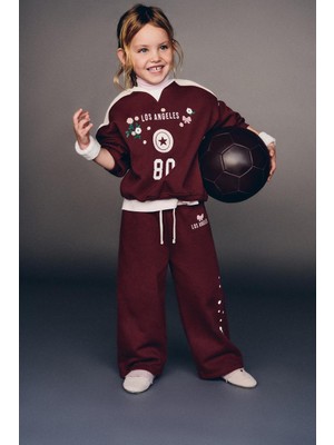 Kız Çocuk Pamuklu Bordo Los Angeles Baskılı Çiçek Desenli Oversize Eşofman Takım