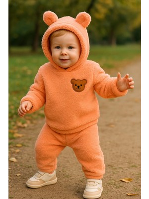 Bebek Peluş Ayı Kulaklı Kapüşonlu 2'li Takım - Kışlık Polar